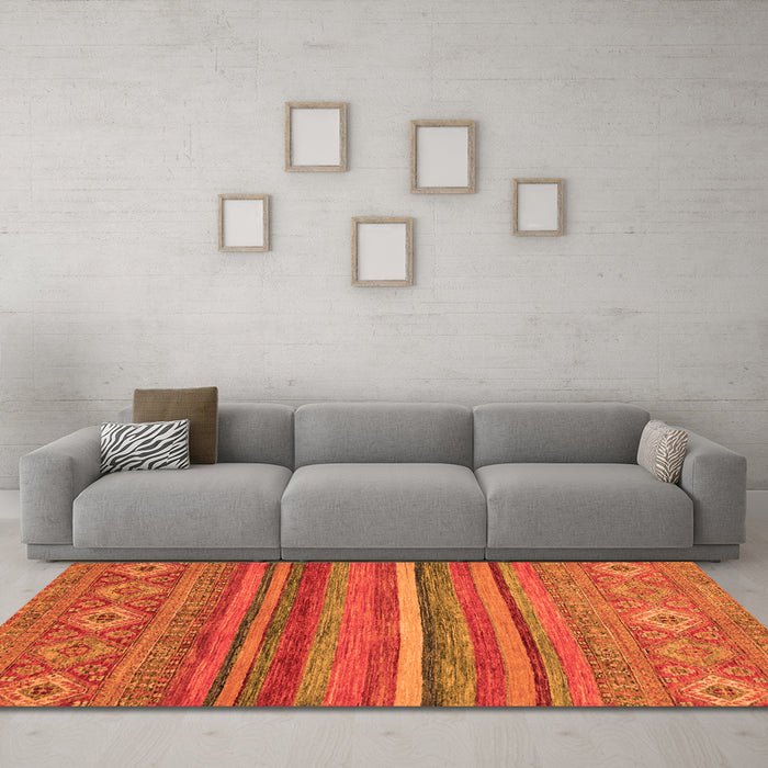 Machine Washable Abstract Orange Modern Area Rugs in a Living Room, wshabs2863org