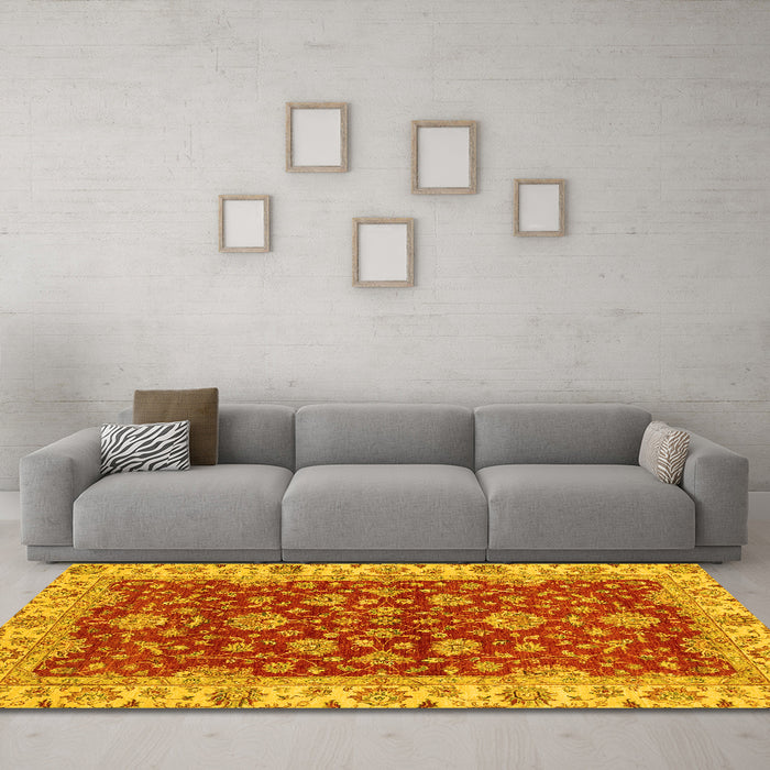 Machine Washable Oriental Yellow Traditional Rug in a Living Room, wshabs2864yw