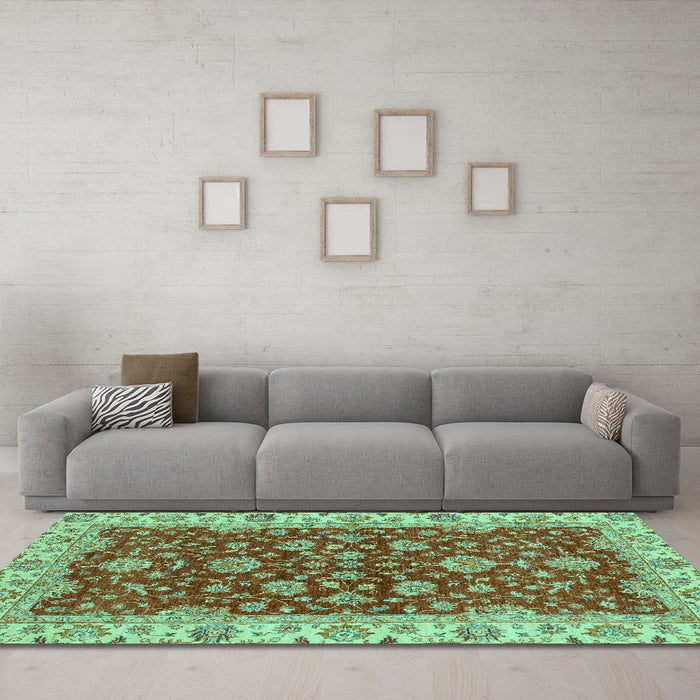 Machine Washable Oriental Turquoise Traditional Area Rugs in a Living Room,, wshabs2864turq