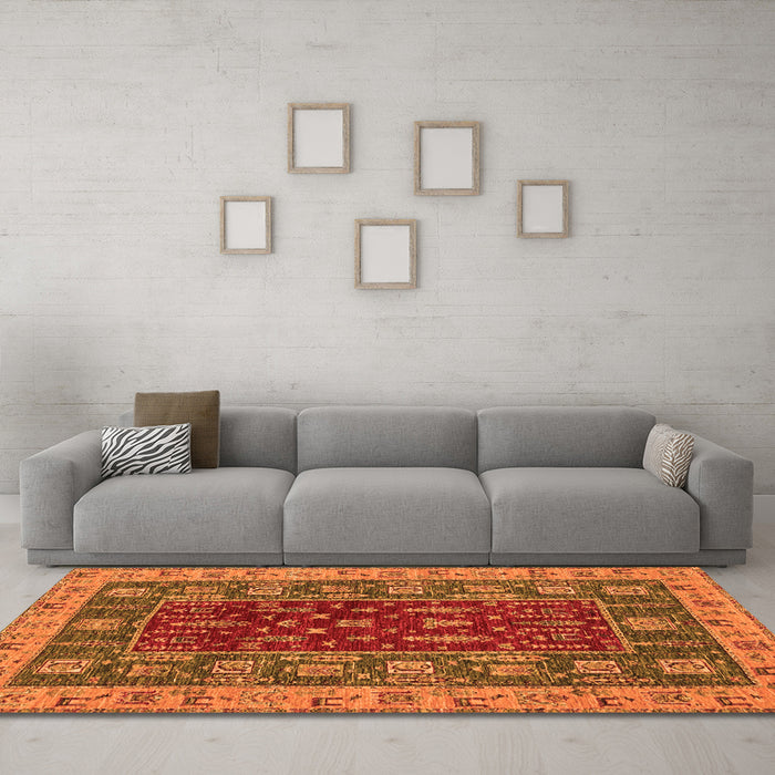 Machine Washable Abstract Orange Modern Area Rugs in a Living Room, wshabs2865org