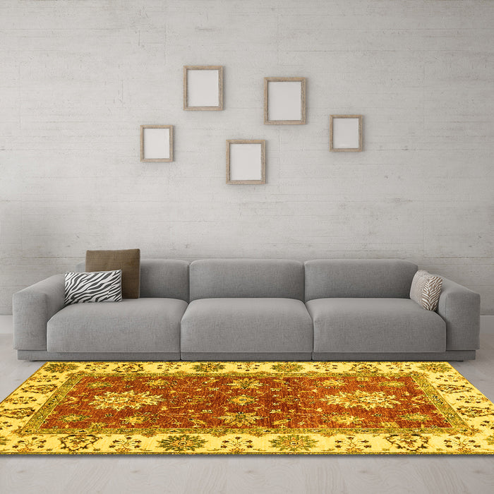 Machine Washable Oriental Yellow Traditional Rug in a Living Room, wshabs2867yw