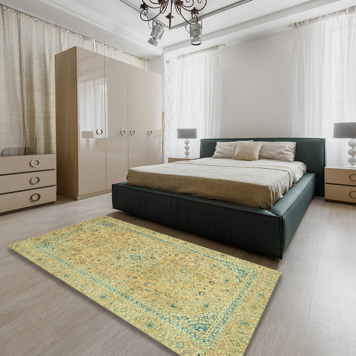 Abstract Chrome Gold Yellow Modern Rug in a Bedroom, abs2868