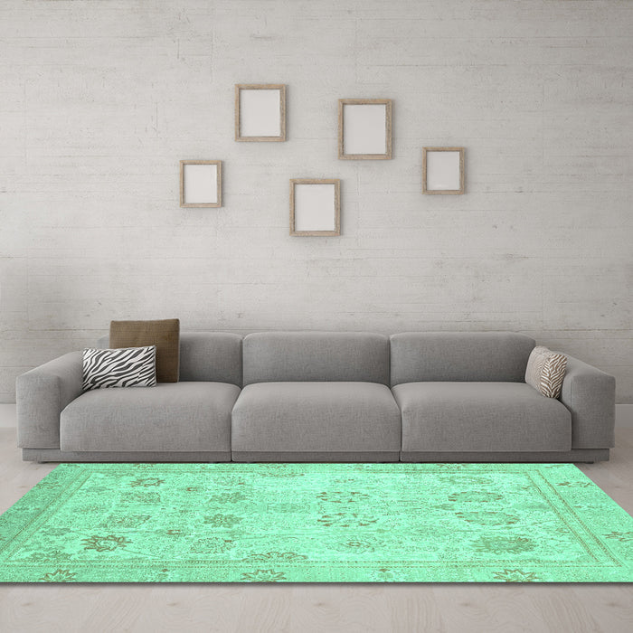 Machine Washable Oriental Turquoise Traditional Area Rugs in a Living Room,, wshabs2869turq
