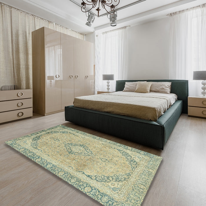 Machine Washable Abstract Khaki Green Rug in a Bedroom, wshabs2870