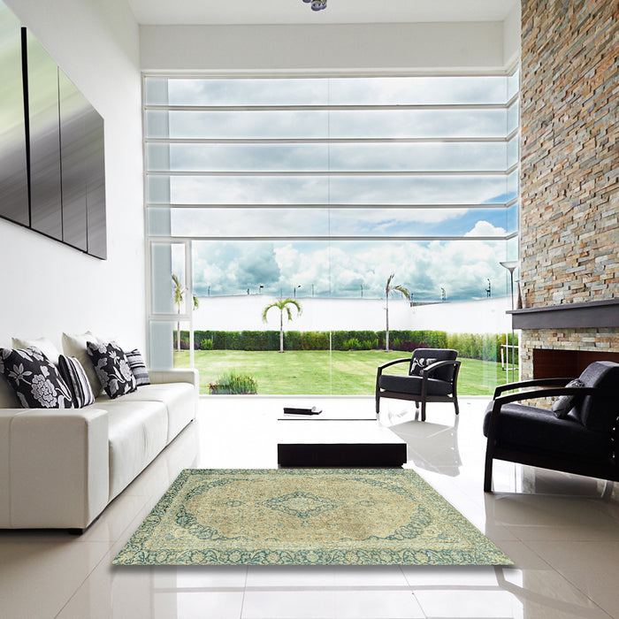 Square Abstract Khaki Green Modern Rug in a Living Room, abs2870