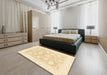 Abstract Khaki Gold Oriental Rug in a Bedroom, abs2879