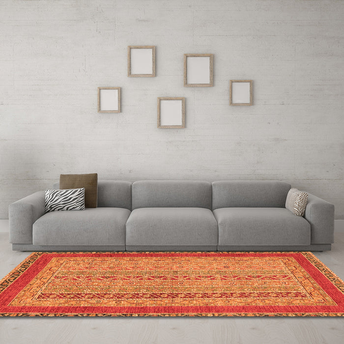 Machine Washable Abstract Orange Modern Area Rugs in a Living Room, wshabs2881org