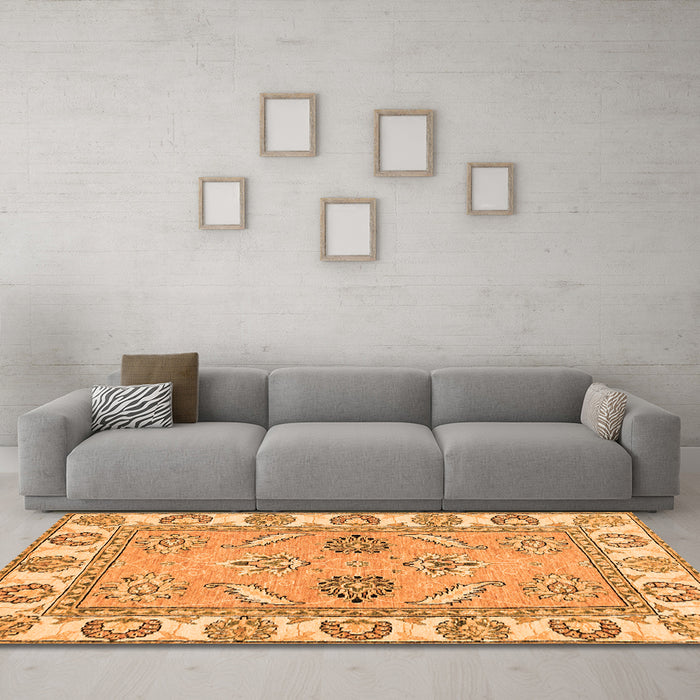Machine Washable Abstract Orange Modern Area Rugs in a Living Room, wshabs2888org