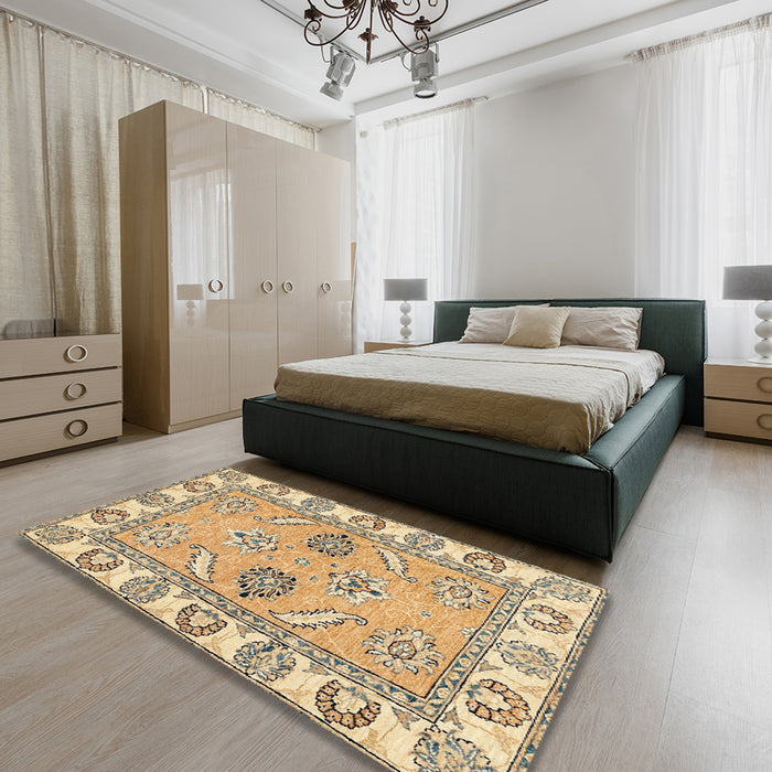 Machine Washable Abstract Yellow Rug in a Bedroom, wshabs2888
