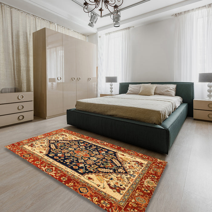 Machine Washable Abstract Gold Rug in a Bedroom, wshabs2892