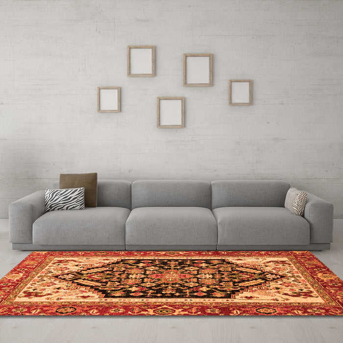 Machine Washable Abstract Orange Modern Area Rugs in a Living Room, wshabs2892org