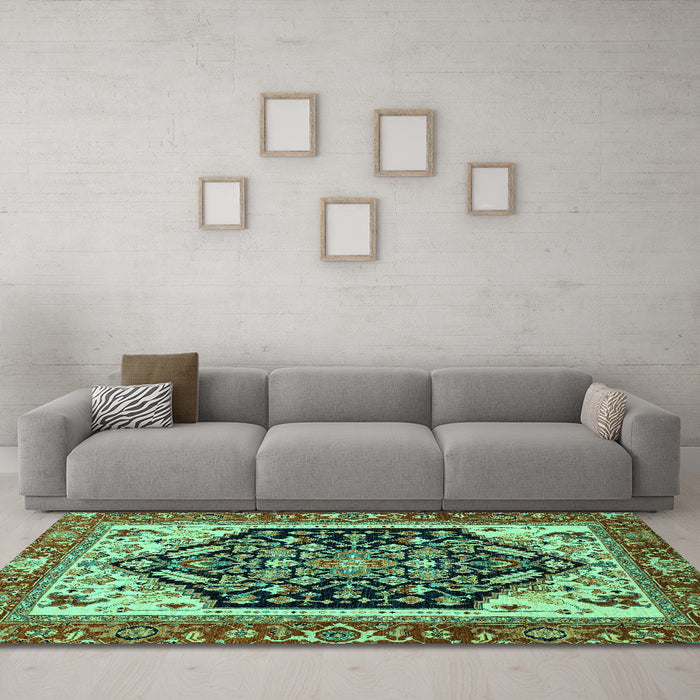 Machine Washable Abstract Turquoise Modern Area Rugs in a Living Room,, wshabs2892turq