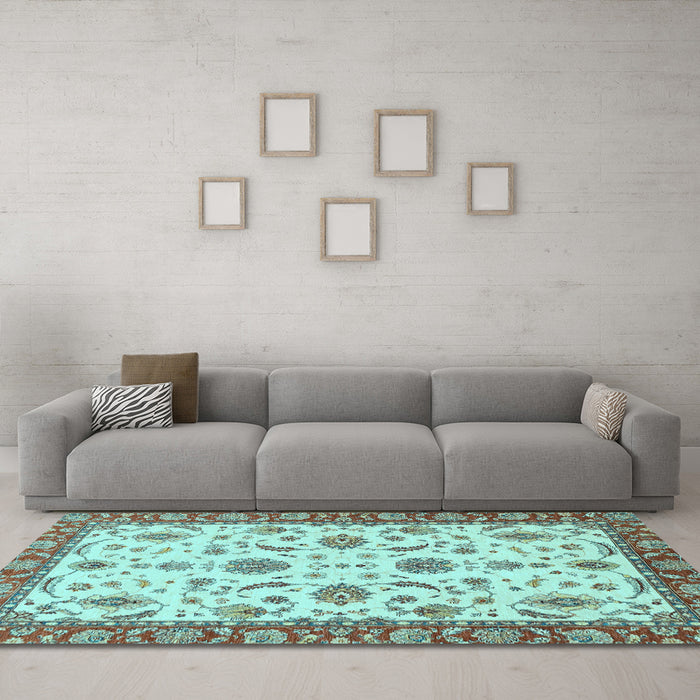 Machine Washable Oriental Light Blue Traditional Rug in a Living Room, wshabs2893lblu