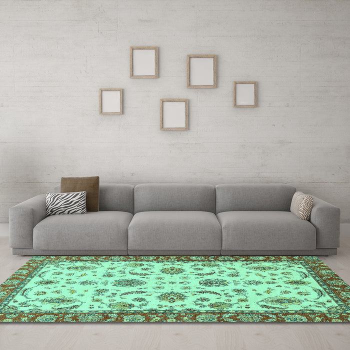 Machine Washable Oriental Turquoise Traditional Area Rugs in a Living Room,, wshabs2893turq