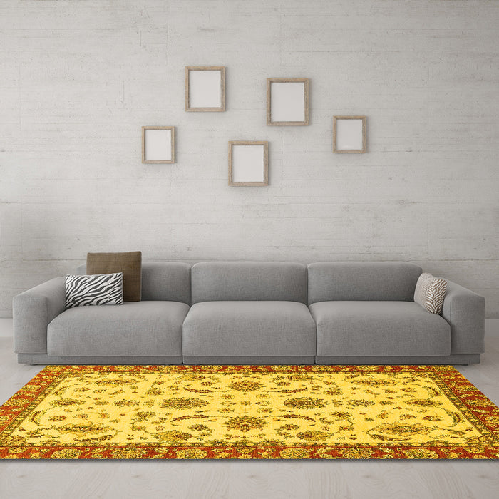 Machine Washable Oriental Yellow Traditional Rug in a Living Room, wshabs2893yw