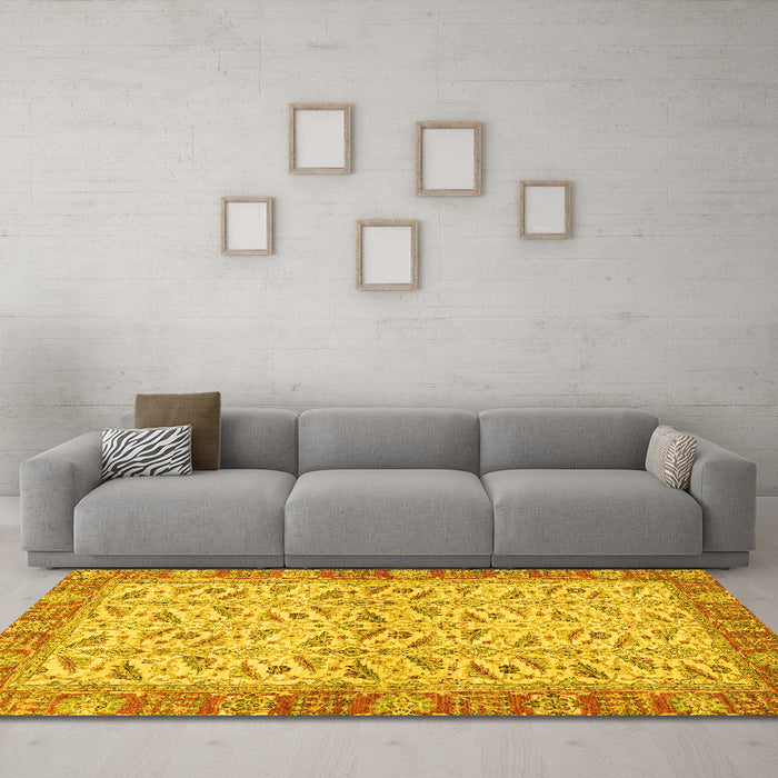 Machine Washable Oriental Yellow Traditional Rug in a Living Room, wshabs2895yw
