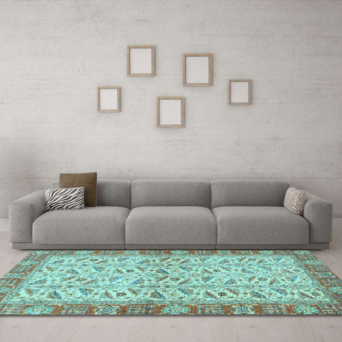 Machine Washable Oriental Light Blue Traditional Rug in a Living Room, wshabs2895lblu