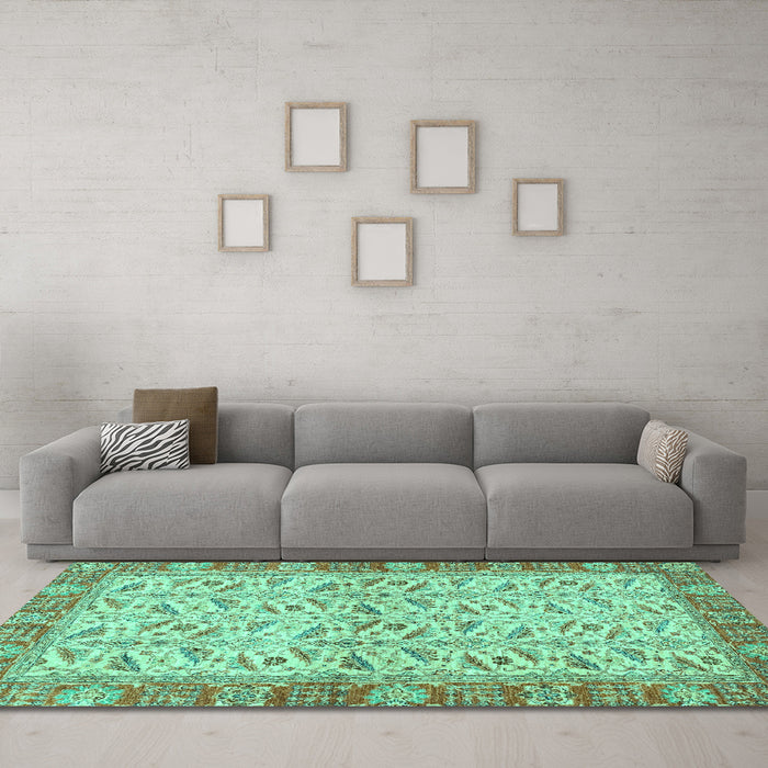 Machine Washable Oriental Turquoise Traditional Area Rugs in a Living Room,, wshabs2895turq