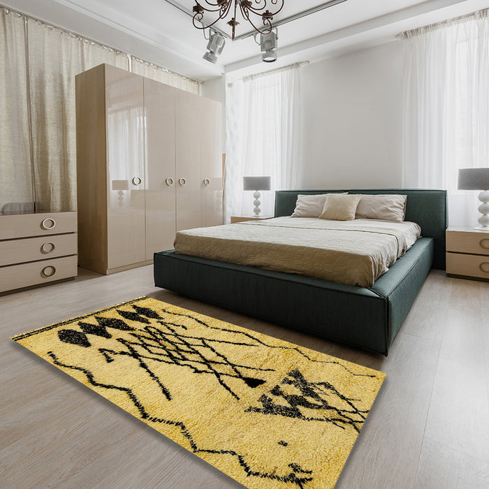 Machine Washable Abstract Saffron Yellow Rug in a Bedroom, wshabs2907