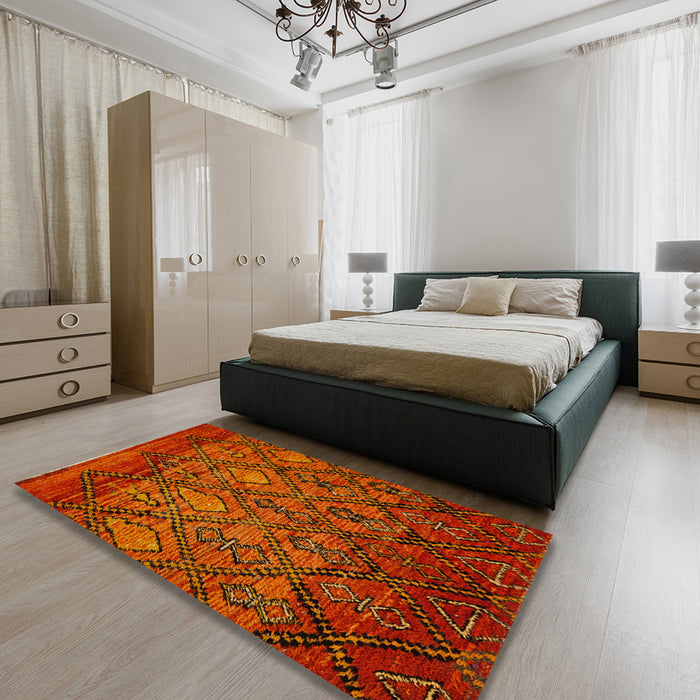 Abstract Orange Red Modern Rug in a Bedroom, abs2913