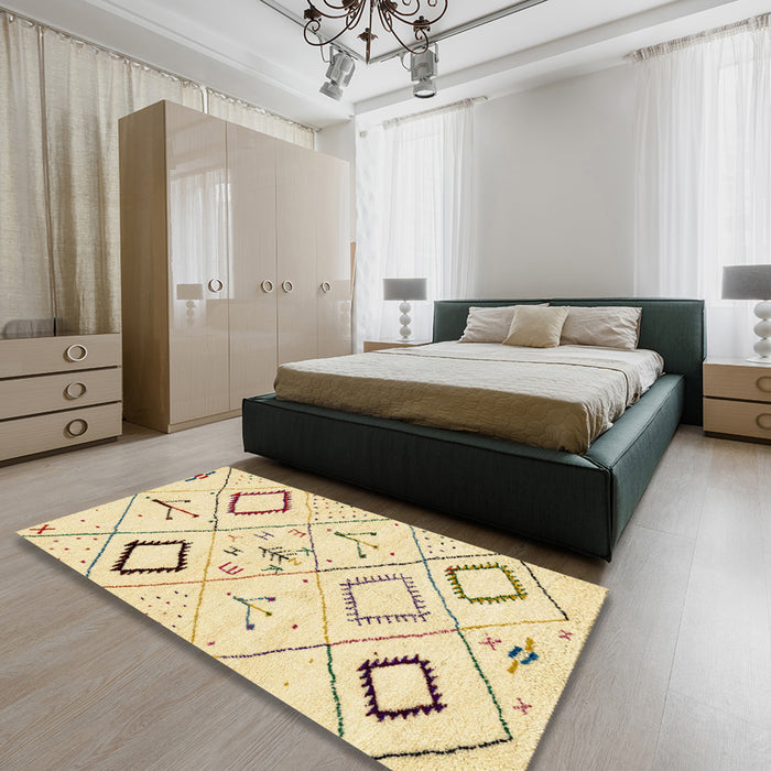 Machine Washable Abstract Sun Yellow Rug in a Bedroom, wshabs2919