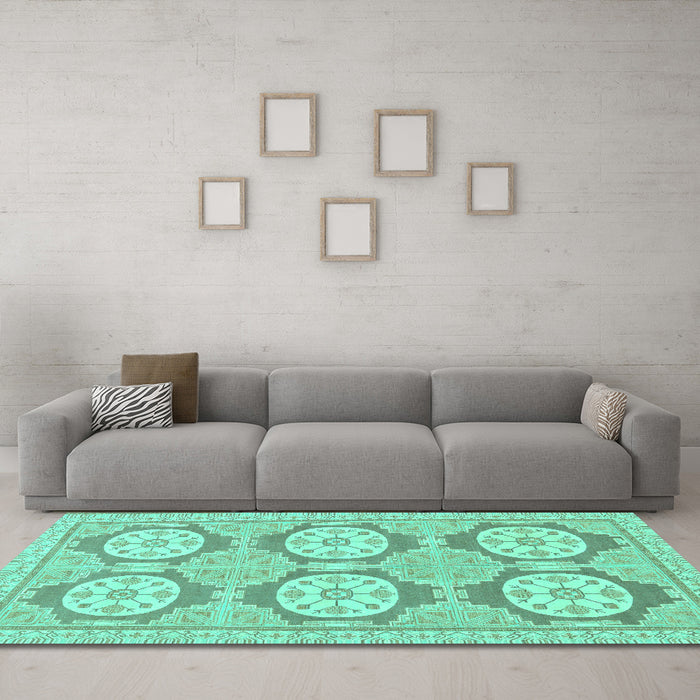 Machine Washable Oriental Turquoise Modern Area Rugs in a Living Room,, wshabs294turq