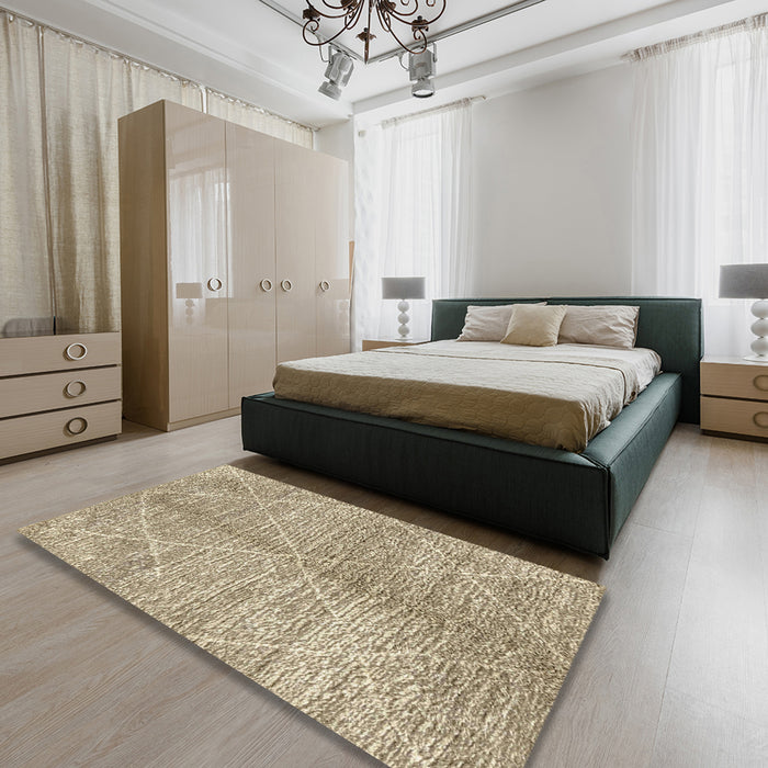Abstract Dark Gold Brown Modern Rug in a Bedroom, abs2954