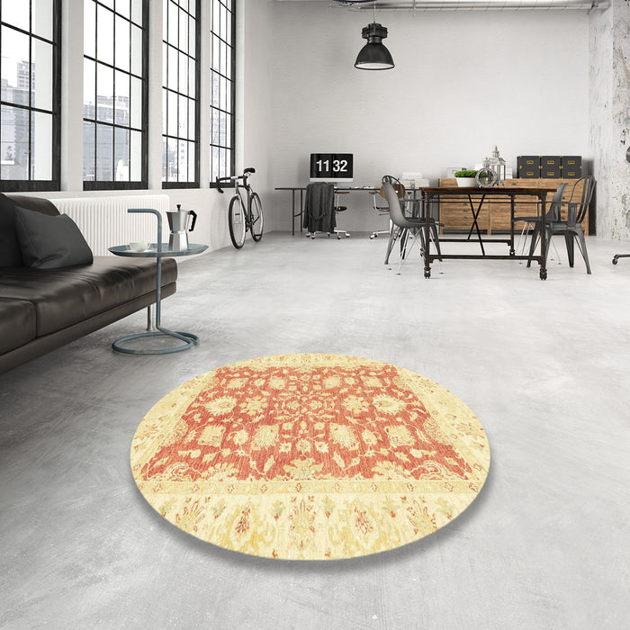Round Machine Washable Abstract Sun Yellow Rug in a Office, wshabs2956