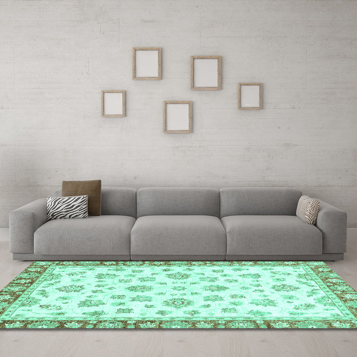 Machine Washable Oriental Turquoise Traditional Area Rugs in a Living Room,, wshabs2957turq