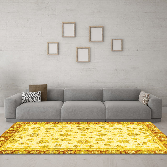 Machine Washable Oriental Yellow Traditional Rug in a Living Room, wshabs2957yw
