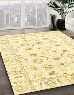 Abstract Chrome Gold Yellow Oriental Rug in Family Room, abs2958