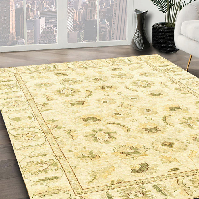 Abstract Chrome Gold Yellow Oriental Rug in Family Room, abs2958