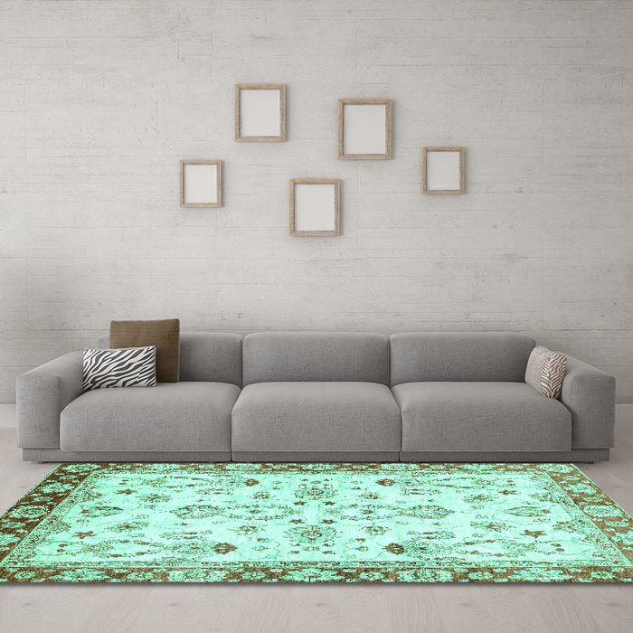 Machine Washable Oriental Turquoise Traditional Area Rugs in a Living Room,, wshabs2959turq