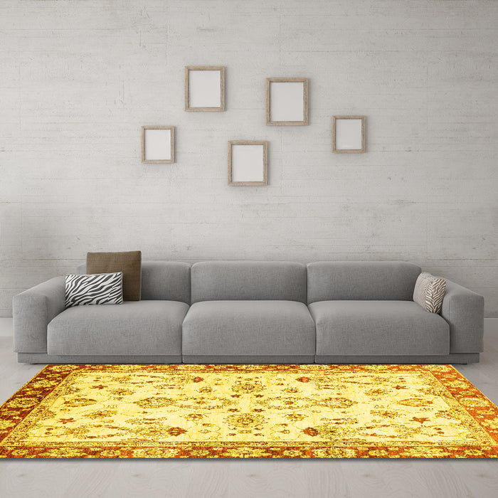 Machine Washable Oriental Yellow Traditional Rug in a Living Room, wshabs2959yw