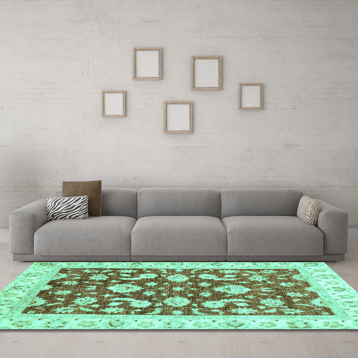 Machine Washable Oriental Turquoise Traditional Area Rugs in a Living Room,, wshabs2961turq