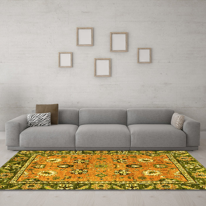 Machine Washable Oriental Yellow Traditional Rug in a Living Room, wshabs2962yw