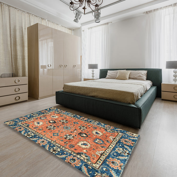 Abstract Camel Brown Oriental Rug in a Bedroom, abs2962