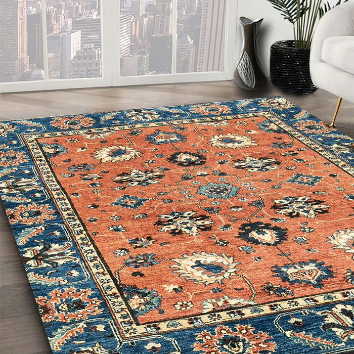 Abstract Camel Brown Oriental Rug in Family Room, abs2962