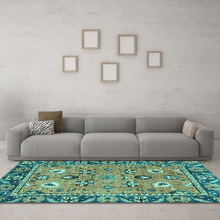 Machine Washable Oriental Turquoise Traditional Area Rugs in a Living Room,, wshabs2962turq