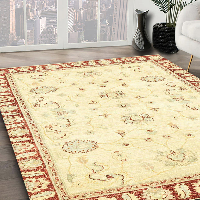 Abstract Pastel Yellow Oriental Rug in Family Room, abs2963