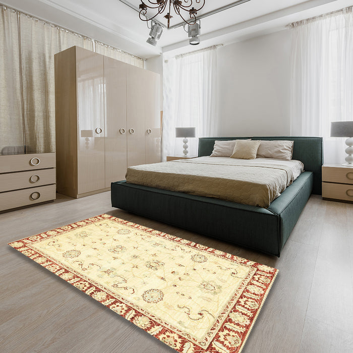 Machine Washable Abstract Pastel Yellow Rug in a Bedroom, wshabs2963