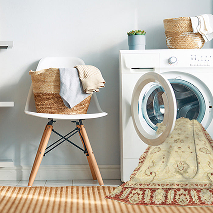 Machine Washable Abstract Pastel Yellow Rug in a Washing Machine, wshabs2963