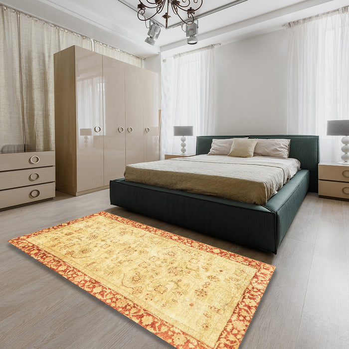 Abstract Mustard Yellow Modern Rug in a Bedroom, abs2964