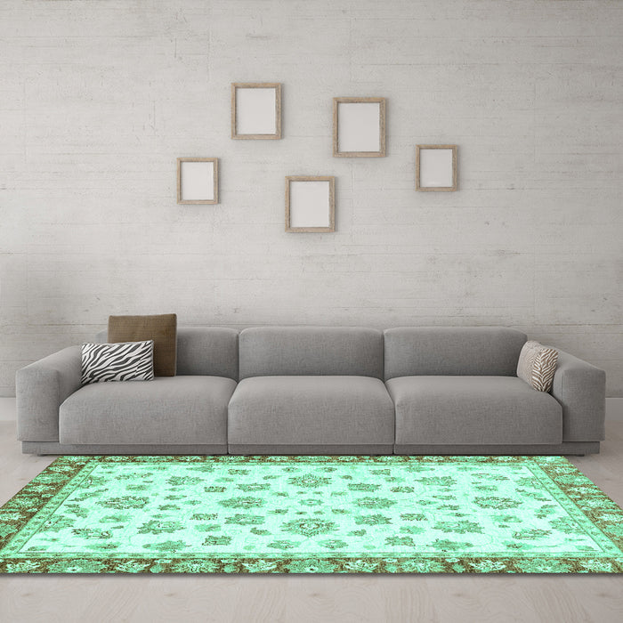 Machine Washable Oriental Turquoise Traditional Area Rugs in a Living Room,, wshabs2965turq