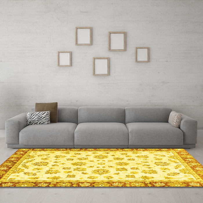 Machine Washable Oriental Yellow Traditional Rug in a Living Room, wshabs2965yw