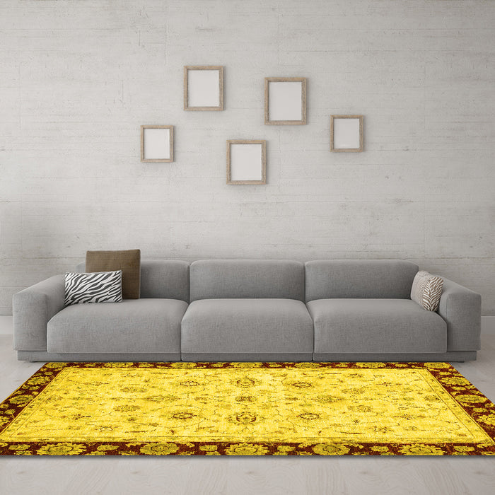 Machine Washable Oriental Yellow Traditional Rug in a Living Room, wshabs2967yw