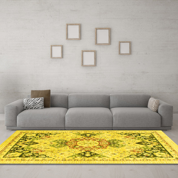 Machine Washable Abstract Yellow Modern Rug in a Living Room, wshabs2968yw