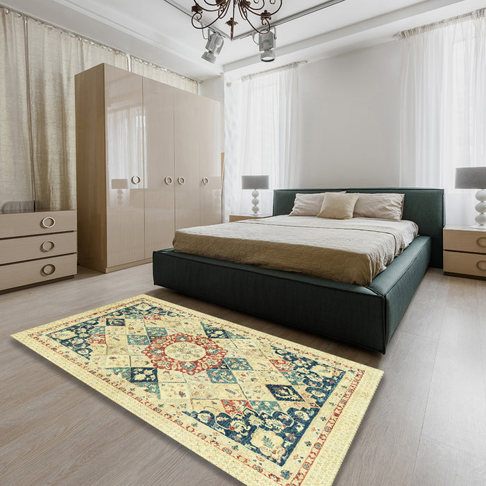 Abstract Dark Almond Brown Modern Rug in a Bedroom, abs2968