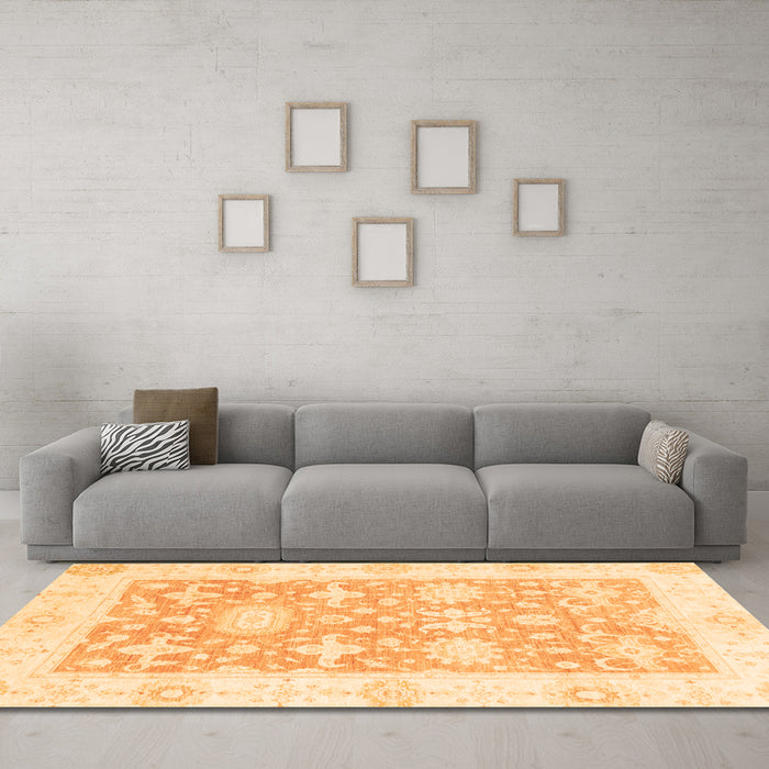 Machine Washable Abstract Orange Modern Area Rugs in a Living Room, wshabs2969org