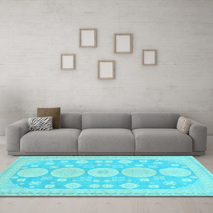Machine Washable Oriental Light Blue Traditional Rug in a Living Room, wshabs296lblu